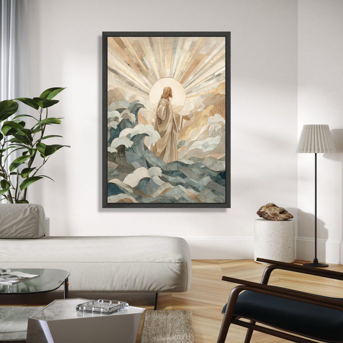Divine Christ Walking on Water Canvas, Religious Wall Art, Spiritual Christian Decor, Jesus with Radiant Light, Gift Art, Home Decor, Print