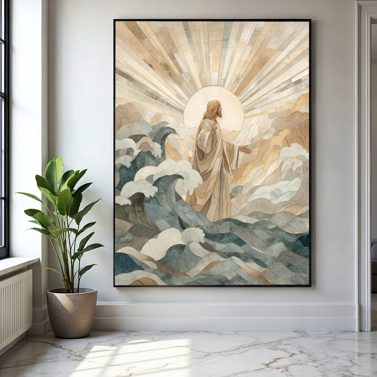Divine Christ Walking on Water Canvas, Religious Wall Art, Spiritual Christian Decor, Jesus with Radiant Light, Gift Art, Home Decor, Print