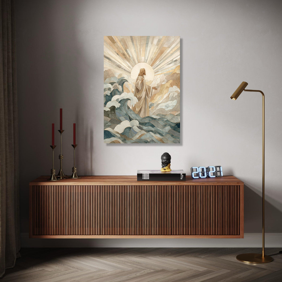 Divine Christ Walking on Water Canvas, Religious Wall Art, Spiritual Christian Decor, Jesus with Radiant Light, Gift Art, Home Decor, Print