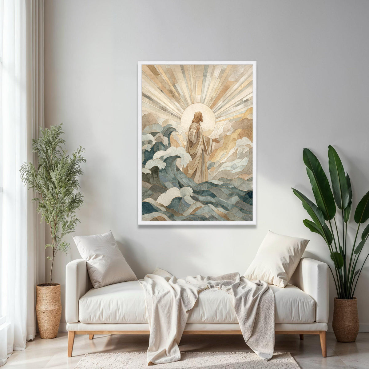 Divine Christ Walking on Water Canvas, Religious Wall Art, Spiritual Christian Decor, Jesus with Radiant Light, Gift Art, Home Decor, Print