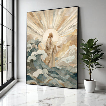 Divine Christ Walking on Water Canvas, Religious Wall Art, Spiritual Christian Decor, Jesus with Radiant Light, Gift Art, Home Decor, Print
