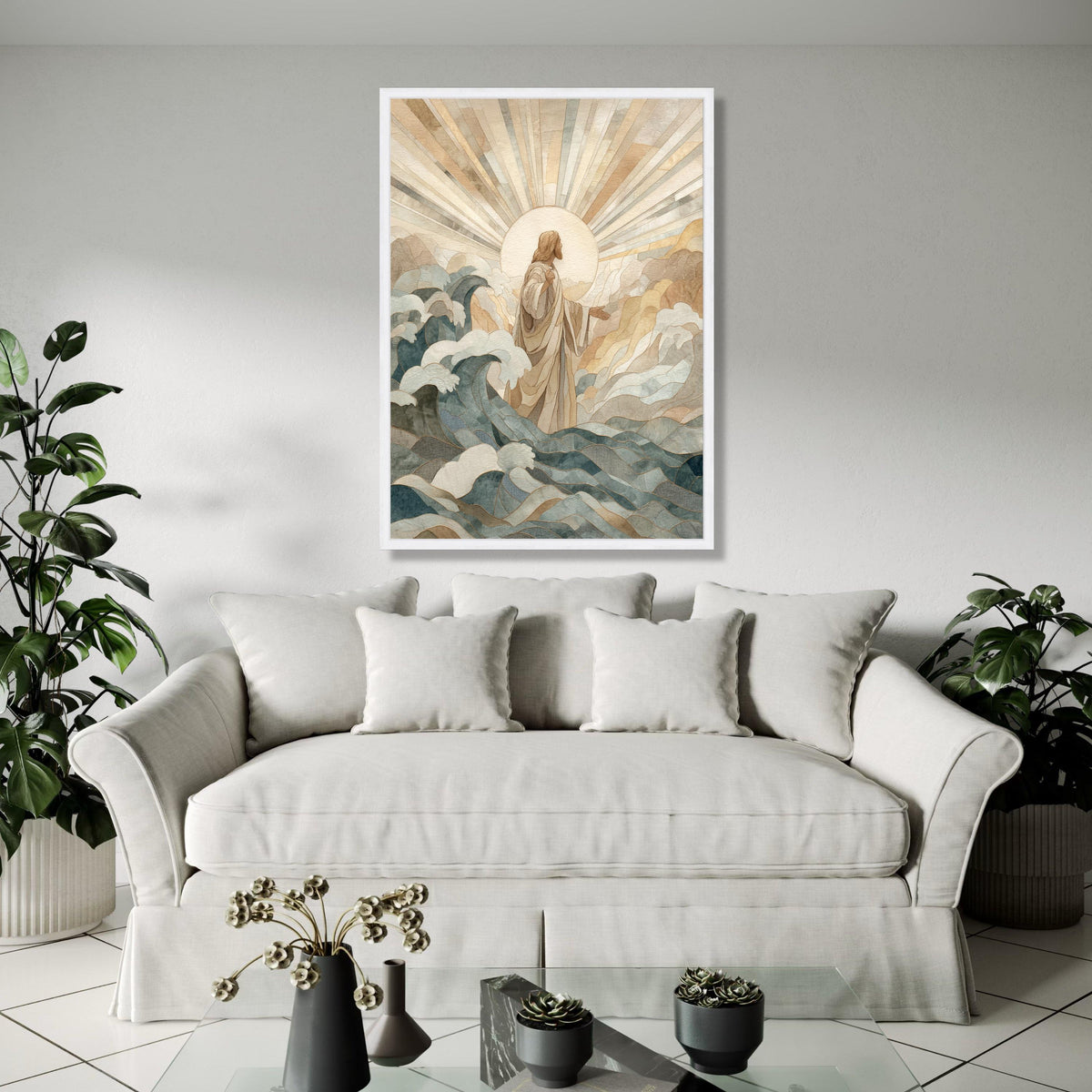 Divine Christ Walking on Water Canvas, Religious Wall Art, Spiritual Christian Decor, Jesus with Radiant Light, Gift Art, Home Decor, Print