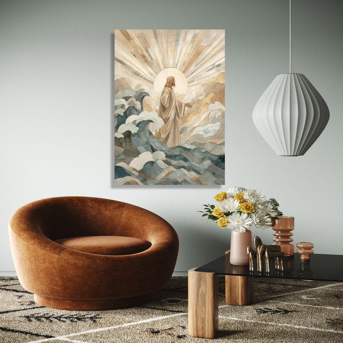 Divine Christ Walking on Water Canvas, Religious Wall Art, Spiritual Christian Decor, Jesus with Radiant Light, Gift Art, Home Decor, Print