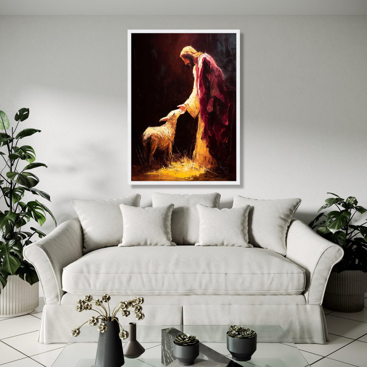 Jesus and Lamb Spiritual Canvas Wall Art, Religious Christian Painting, Faith and Peace Home Decor, Gift Art, Home Decor, Print