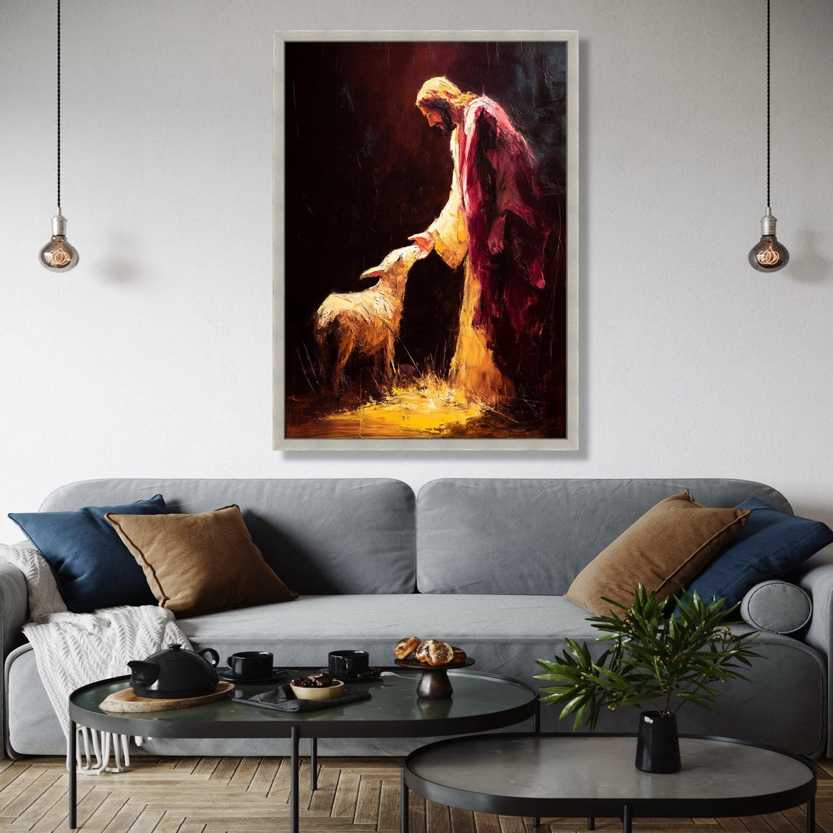 Jesus and Lamb Spiritual Canvas Wall Art, Religious Christian Painting, Faith and Peace Home Decor, Gift Art, Home Decor, Print