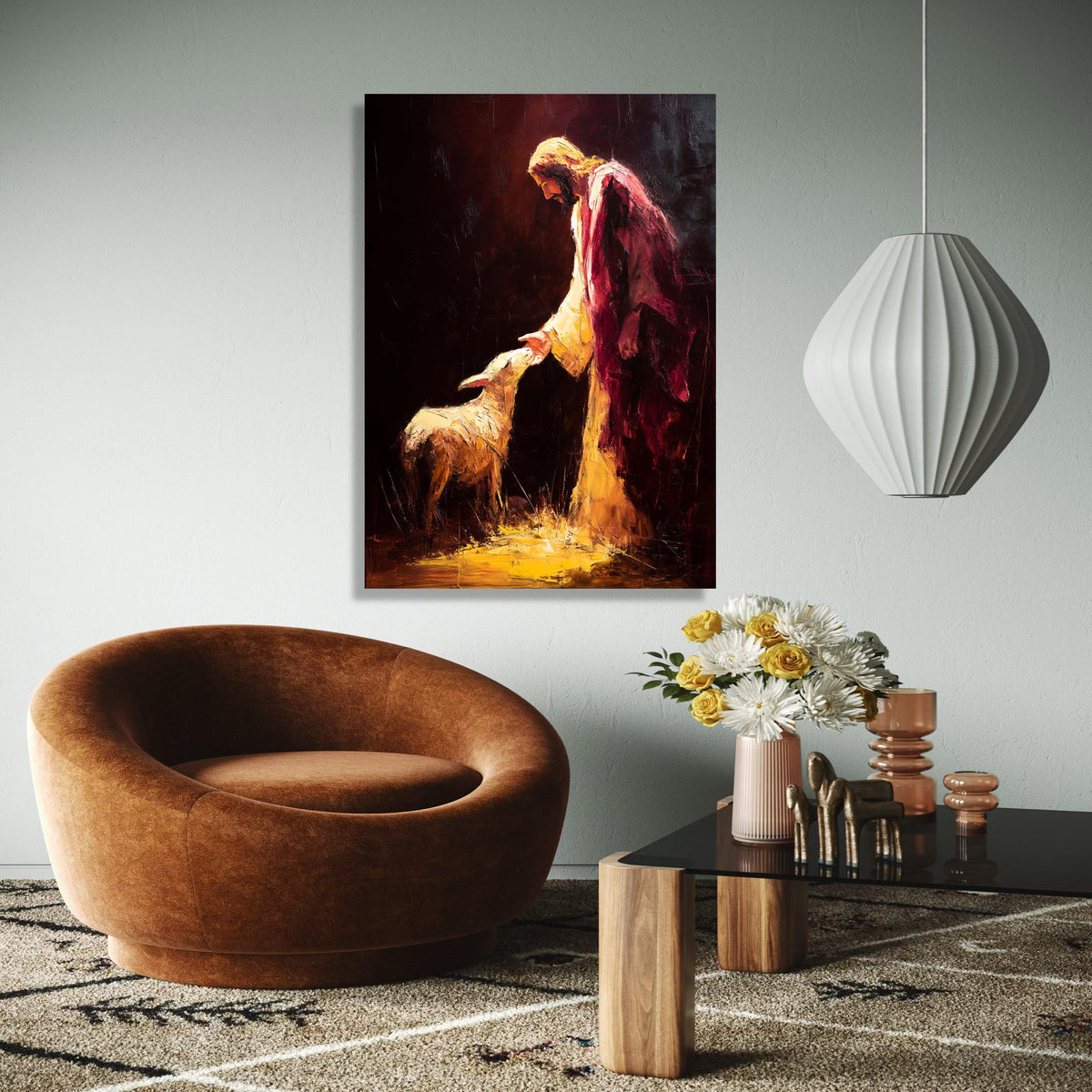 Jesus and Lamb Spiritual Canvas Wall Art, Religious Christian Painting, Faith and Peace Home Decor, Gift Art, Home Decor, Print