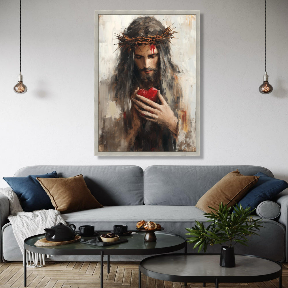 Jesus with Crown of Thorns Canvas, Sacred Heart Wall Art, Religious Christian Canvas, Spiritual Home Decor, Gift Art, Home Decor, Print
