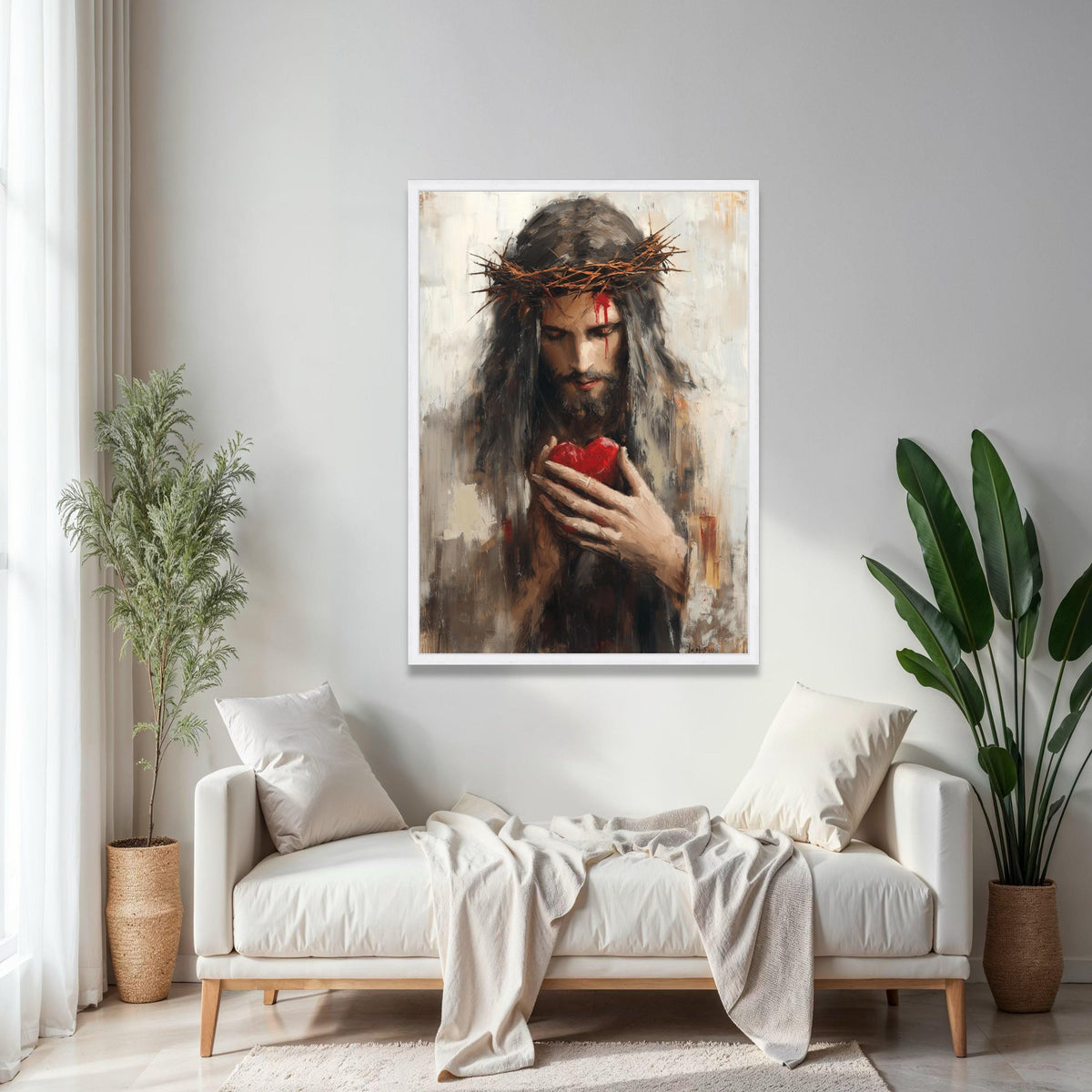 Jesus with Crown of Thorns Canvas, Sacred Heart Wall Art, Religious Christian Canvas, Spiritual Home Decor, Gift Art, Home Decor, Print