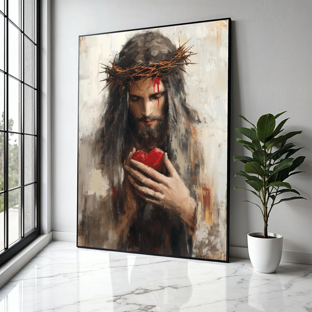 Jesus with Crown of Thorns Canvas, Sacred Heart Wall Art, Religious Christian Canvas, Spiritual Home Decor, Gift Art, Home Decor, Print