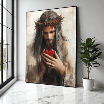 Jesus with Crown of Thorns Canvas, Sacred Heart Wall Art, Religious Christian Canvas, Spiritual Home Decor, Gift Art, Home Decor, Print