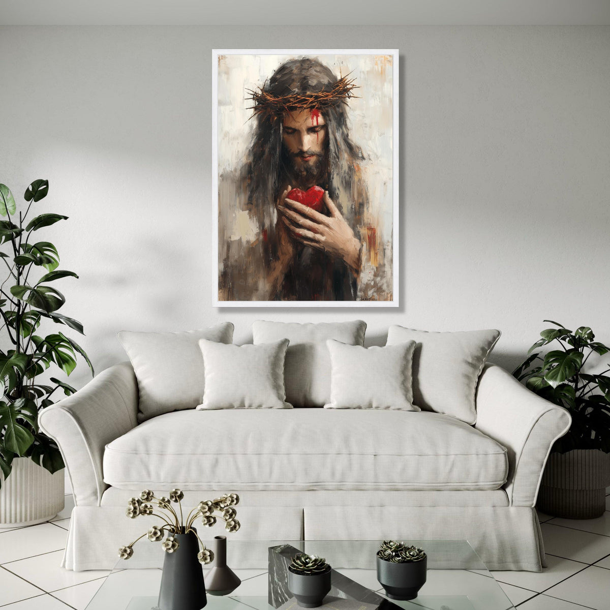 Jesus with Crown of Thorns Canvas, Sacred Heart Wall Art, Religious Christian Canvas, Spiritual Home Decor, Gift Art, Home Decor, Print