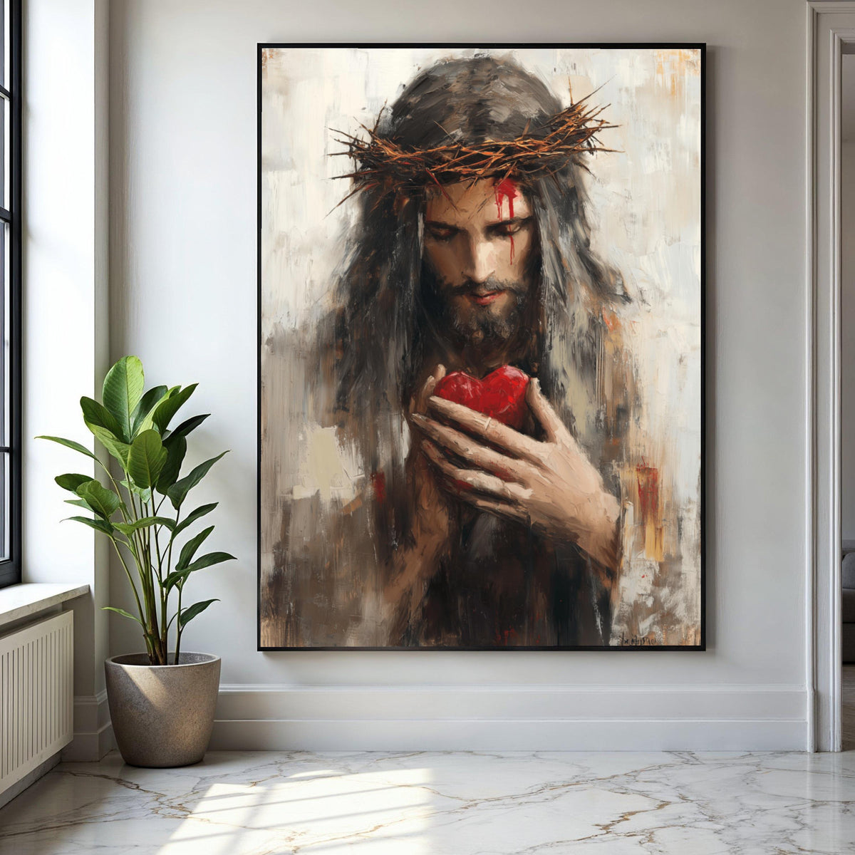 Jesus with Crown of Thorns Canvas, Sacred Heart Wall Art, Religious Christian Canvas, Spiritual Home Decor, Gift Art, Home Decor, Print