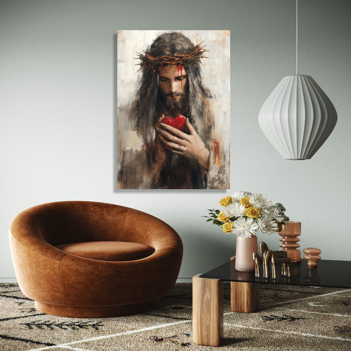 Jesus with Crown of Thorns Canvas, Sacred Heart Wall Art, Religious Christian Canvas, Spiritual Home Decor, Gift Art, Home Decor, Print