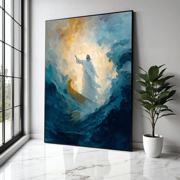 Illuminated Jesus Walking on Water Canvas, Religious Spiritual Wall Art, Abstract Christian Painting, Gift Art, Home Decor, Print