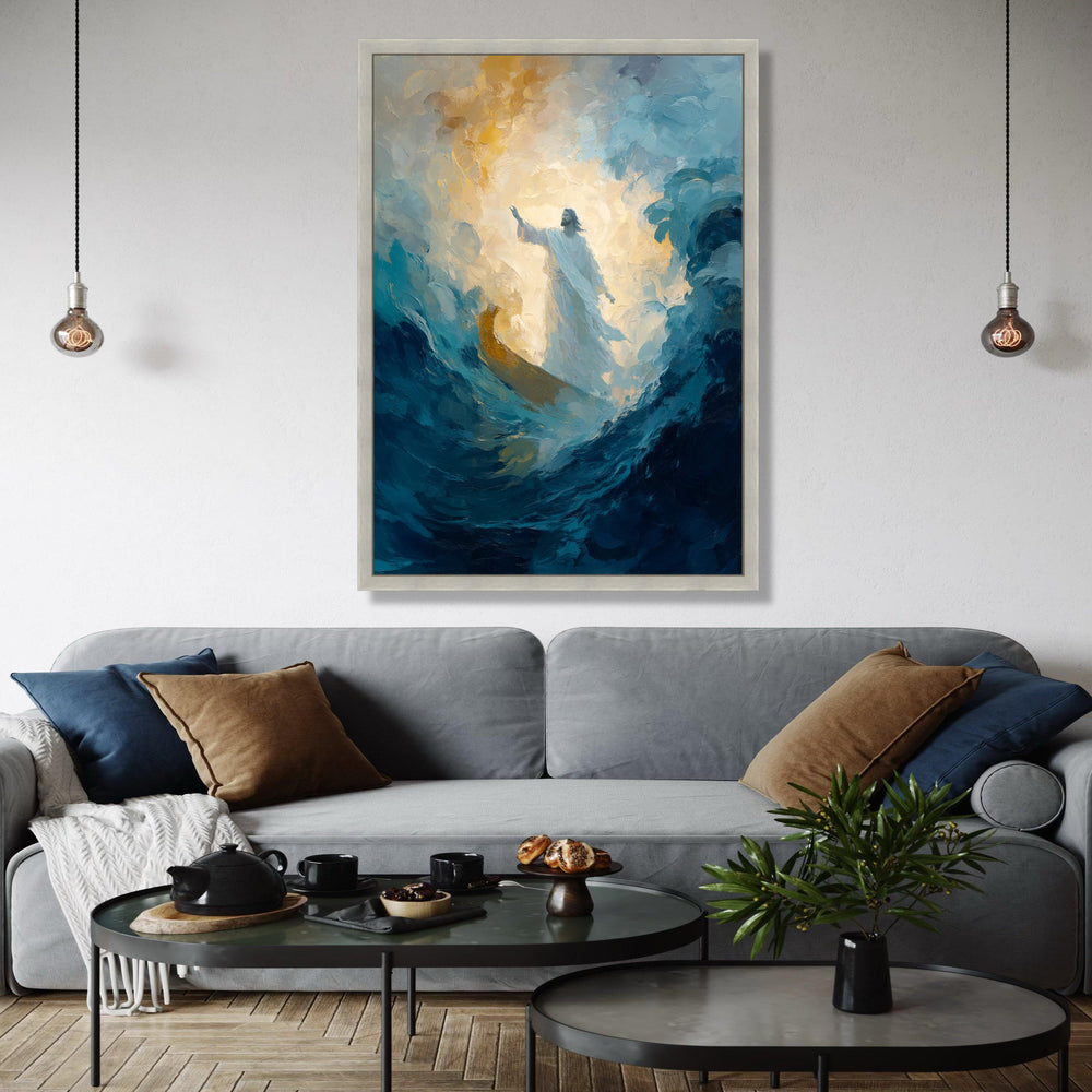 Illuminated Jesus Walking on Water Canvas, Religious Spiritual Wall Art, Abstract Christian Painting, Gift Art, Home Decor, Print