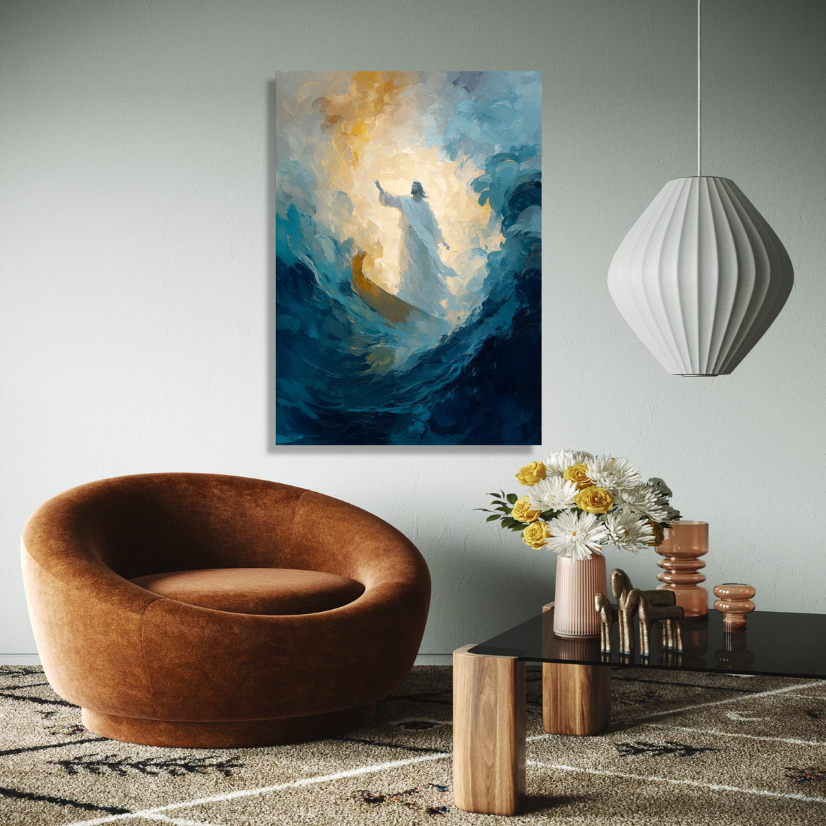 Illuminated Jesus Walking on Water Canvas, Religious Spiritual Wall Art, Abstract Christian Painting, Gift Art, Home Decor, Print