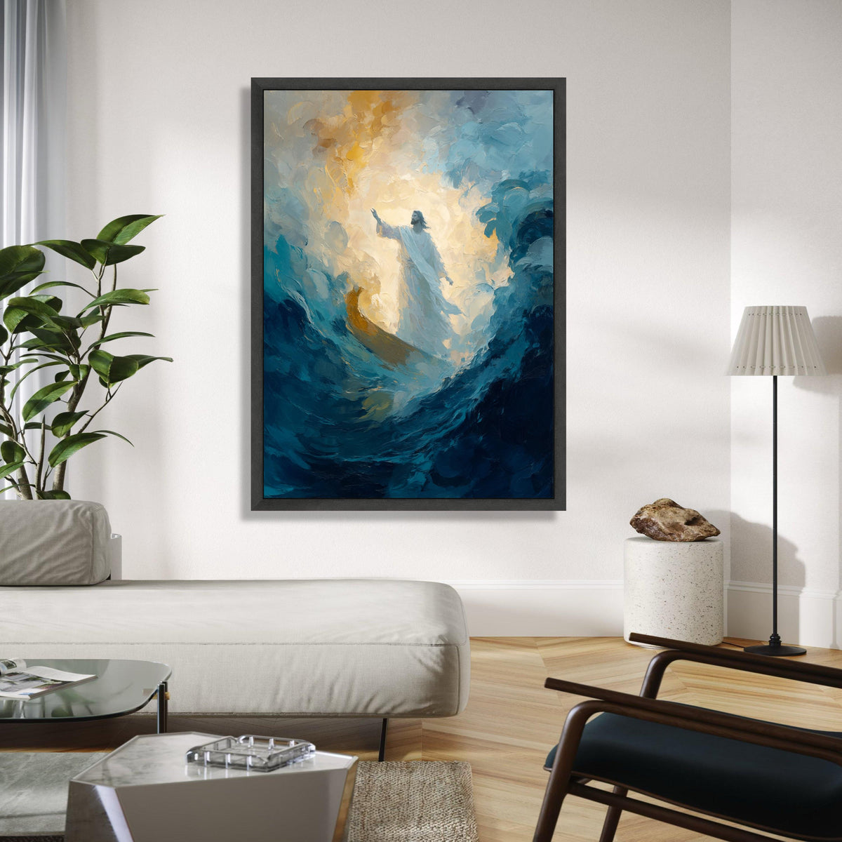 Illuminated Jesus Walking on Water Canvas, Religious Spiritual Wall Art, Abstract Christian Painting, Gift Art, Home Decor, Print