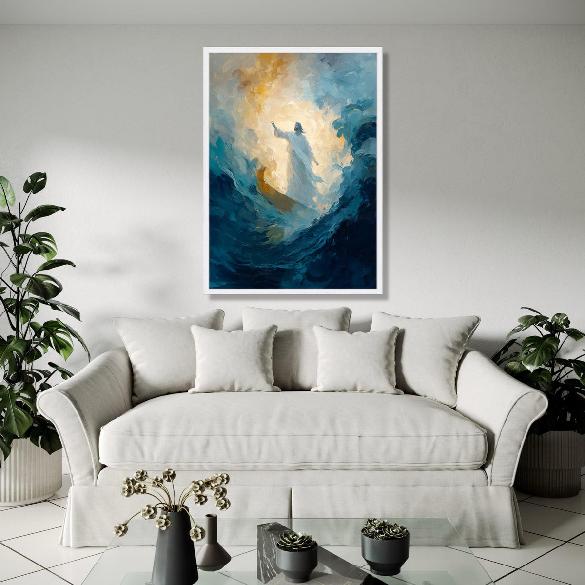 Illuminated Jesus Walking on Water Canvas, Religious Spiritual Wall Art, Abstract Christian Painting, Gift Art, Home Decor, Print