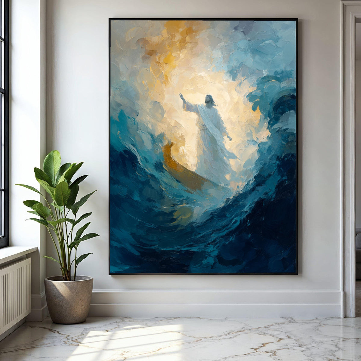 Illuminated Jesus Walking on Water Canvas, Religious Spiritual Wall Art, Abstract Christian Painting, Gift Art, Home Decor, Print