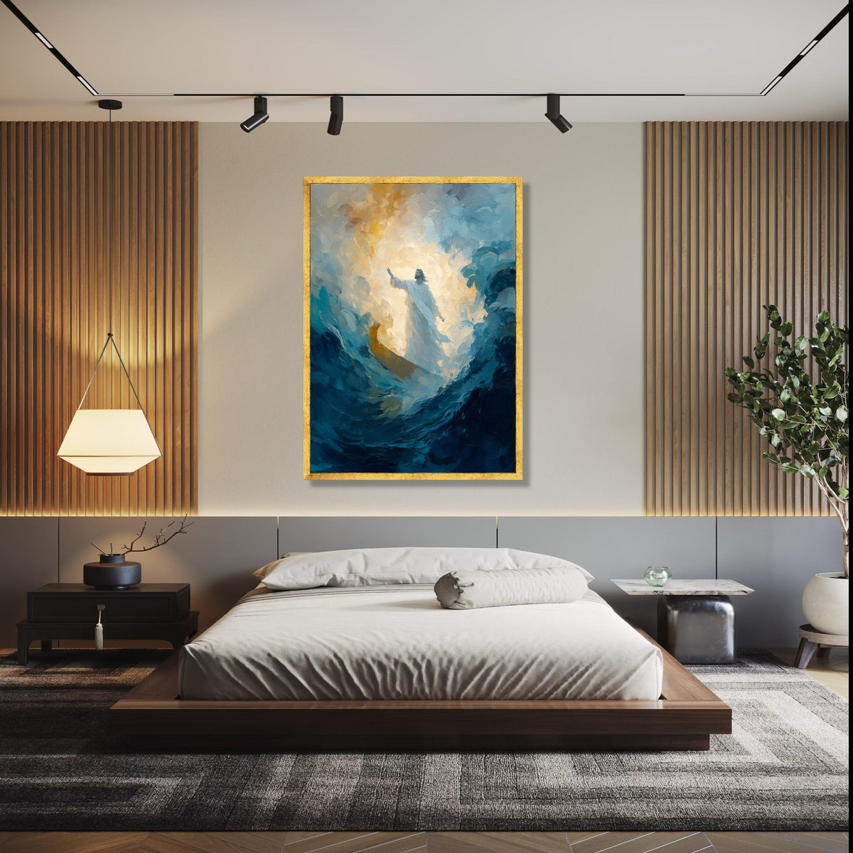 Illuminated Jesus Walking on Water Canvas, Religious Spiritual Wall Art, Abstract Christian Painting, Gift Art, Home Decor, Print