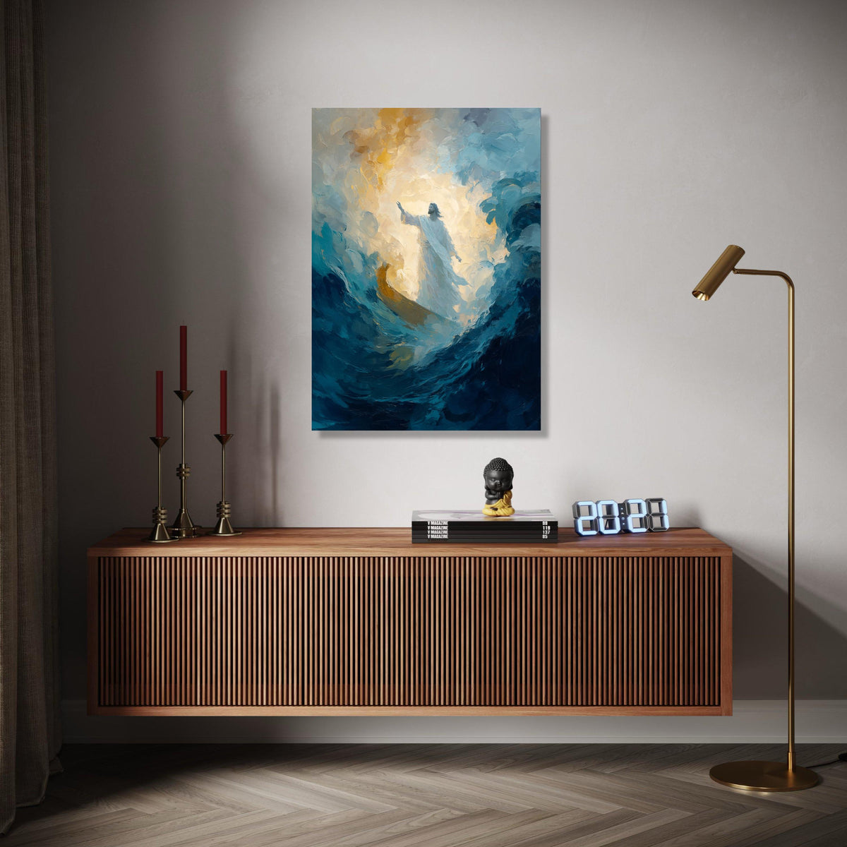 Illuminated Jesus Walking on Water Canvas, Religious Spiritual Wall Art, Abstract Christian Painting, Gift Art, Home Decor, Print