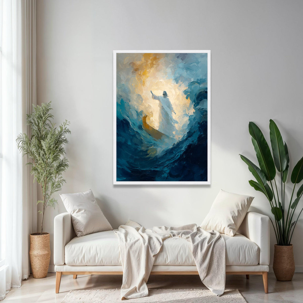 Illuminated Jesus Walking on Water Canvas, Religious Spiritual Wall Art, Abstract Christian Painting, Gift Art, Home Decor, Print