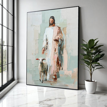 Abstract Jesus with Lamb Canvas, Religious Wall Art, Christian Faith Painting, Spiritual Home Decor, Bible Gift Art, Home Decor, Print