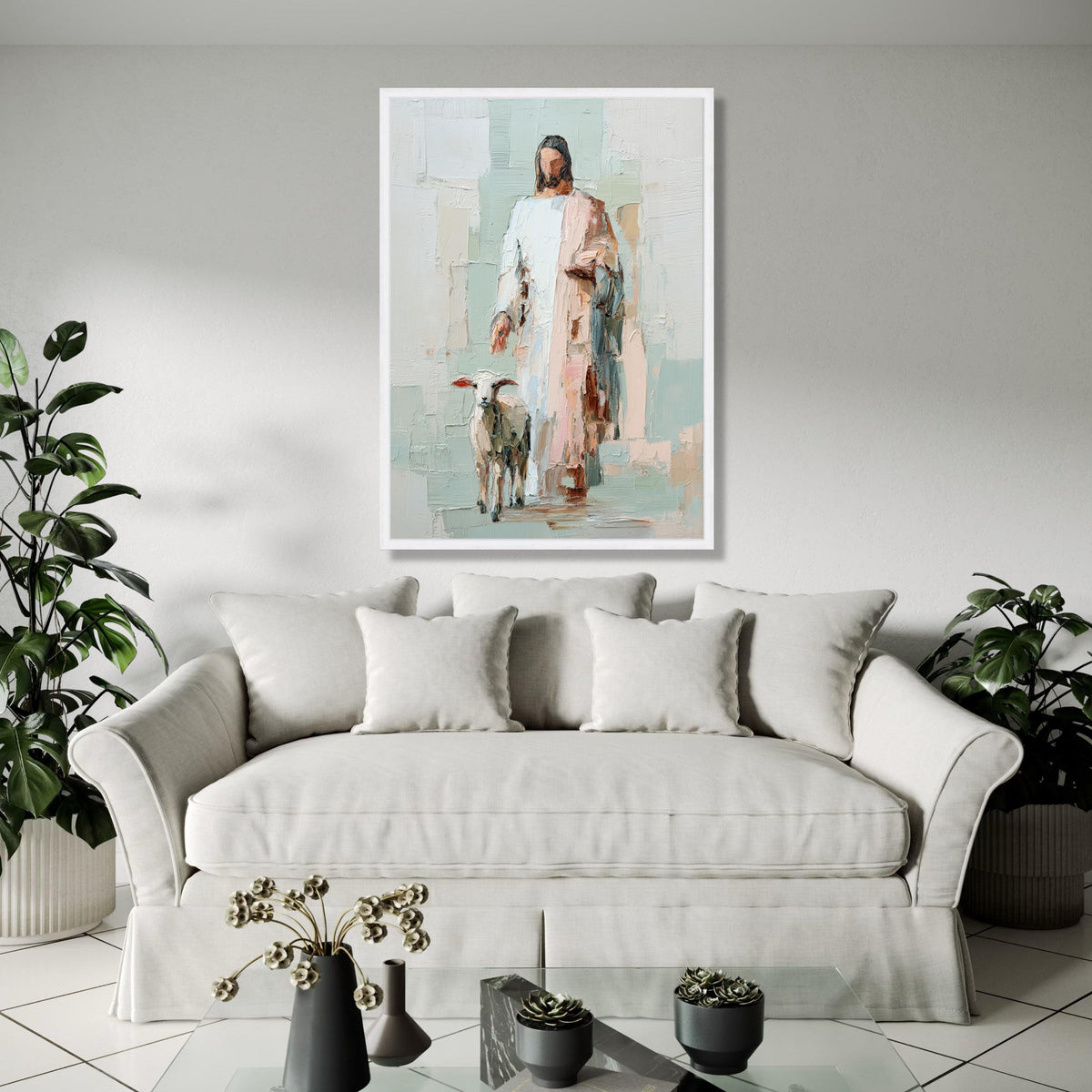 Abstract Jesus with Lamb Canvas, Religious Wall Art, Christian Faith Painting, Spiritual Home Decor, Bible Gift Art, Home Decor, Print