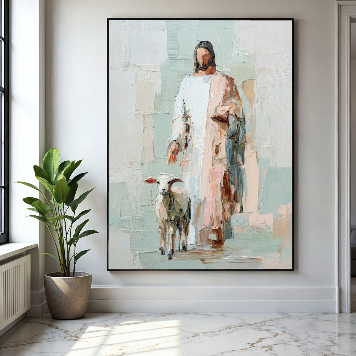 Abstract Jesus with Lamb Canvas, Religious Wall Art, Christian Faith Painting, Spiritual Home Decor, Bible Gift Art, Home Decor, Print