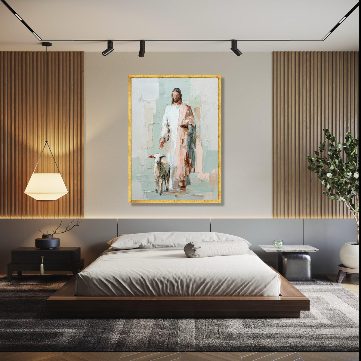 Abstract Jesus with Lamb Canvas, Religious Wall Art, Christian Faith Painting, Spiritual Home Decor, Bible Gift Art, Home Decor, Print