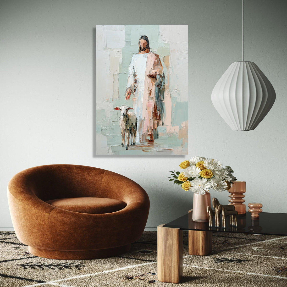Abstract Jesus with Lamb Canvas, Religious Wall Art, Christian Faith Painting, Spiritual Home Decor, Bible Gift Art, Home Decor, Print