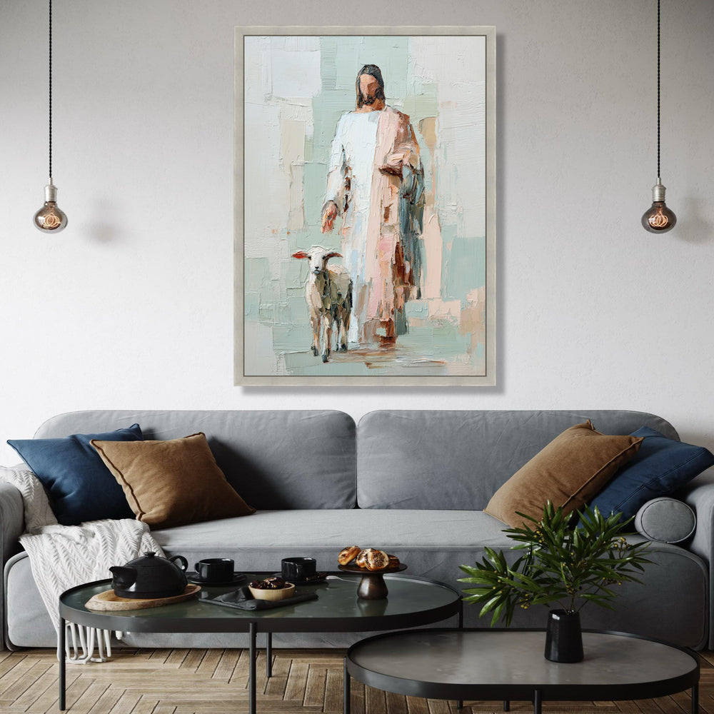 Abstract Jesus with Lamb Canvas, Religious Wall Art, Christian Faith Painting, Spiritual Home Decor, Bible Gift Art, Home Decor, Print