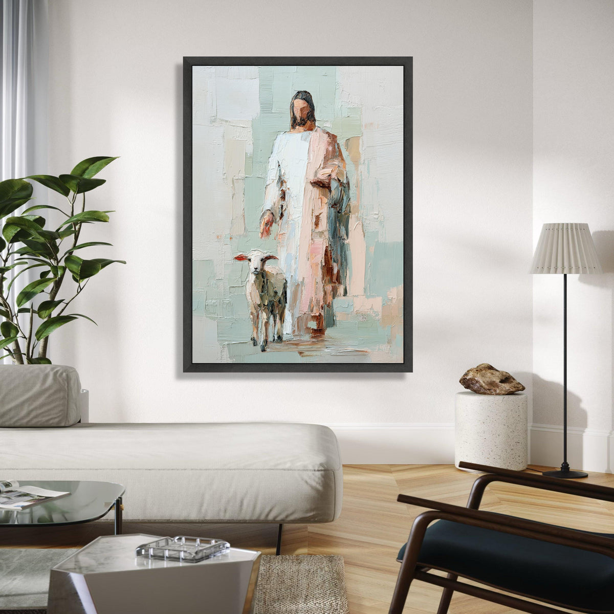 Abstract Jesus with Lamb Canvas, Religious Wall Art, Christian Faith Painting, Spiritual Home Decor, Bible Gift Art, Home Decor, Print
