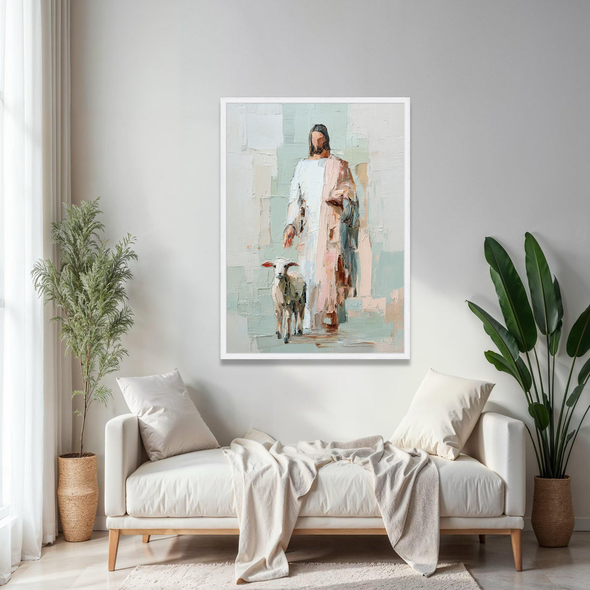Abstract Jesus with Lamb Canvas, Religious Wall Art, Christian Faith Painting, Spiritual Home Decor, Bible Gift Art, Home Decor, Print