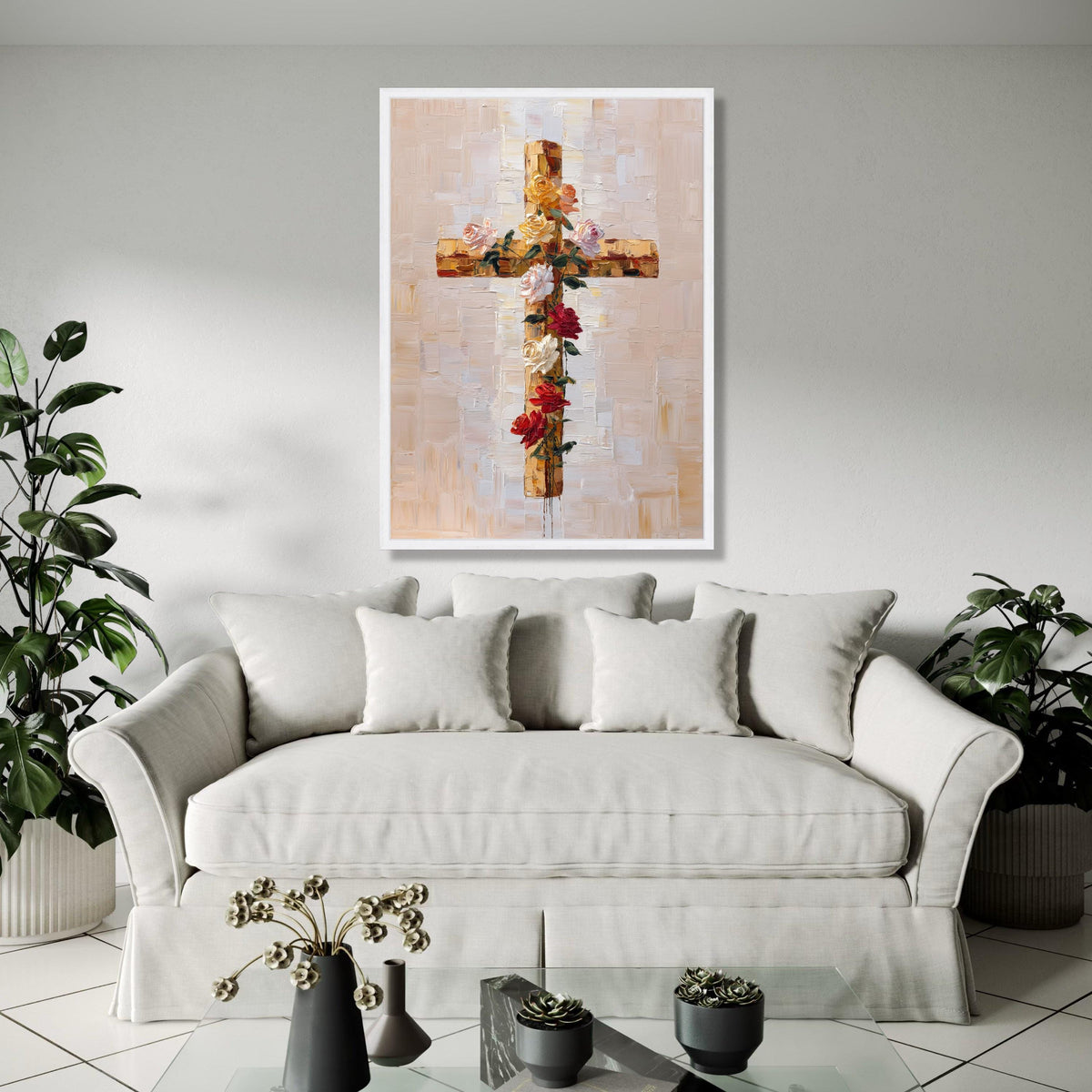 Floral Cross Canvas Wall Art, Christian Spiritual Decor, Rose Bouquet Painting, Religious Canvas Art, Modern Gift Art, Home Decor, Print