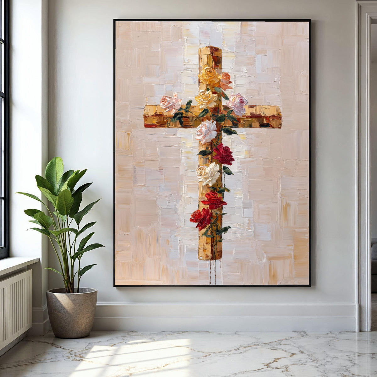 Floral Cross Canvas Wall Art, Christian Spiritual Decor, Rose Bouquet Painting, Religious Canvas Art, Modern Gift Art, Home Decor, Print