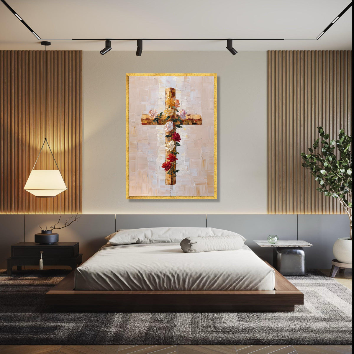 Floral Cross Canvas Wall Art, Christian Spiritual Decor, Rose Bouquet Painting, Religious Canvas Art, Modern Gift Art, Home Decor, Print