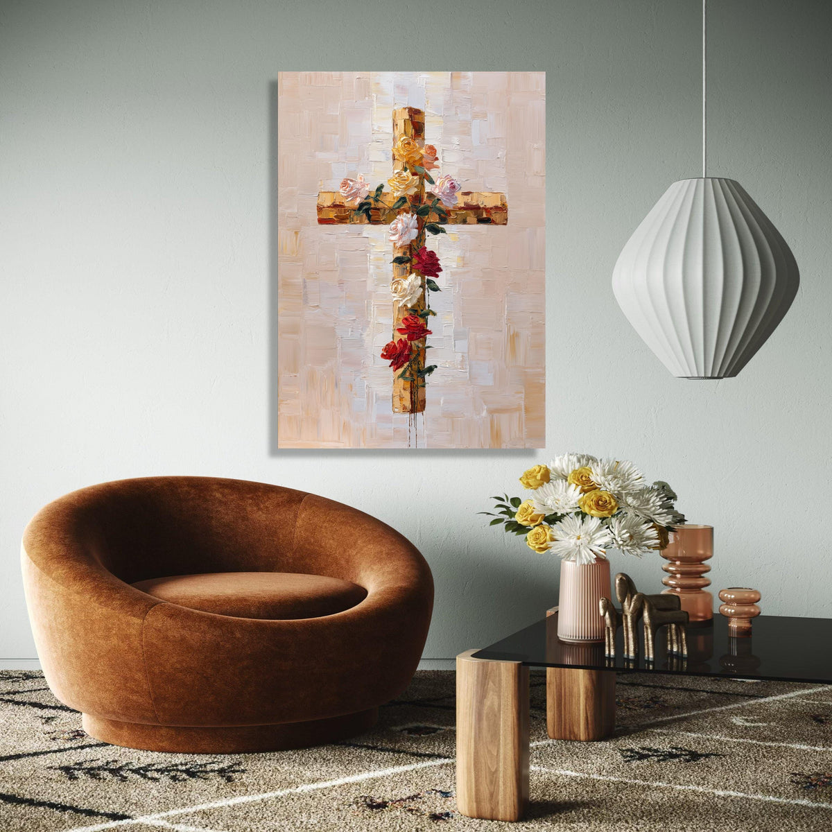 Floral Cross Canvas Wall Art, Christian Spiritual Decor, Rose Bouquet Painting, Religious Canvas Art, Modern Gift Art, Home Decor, Print