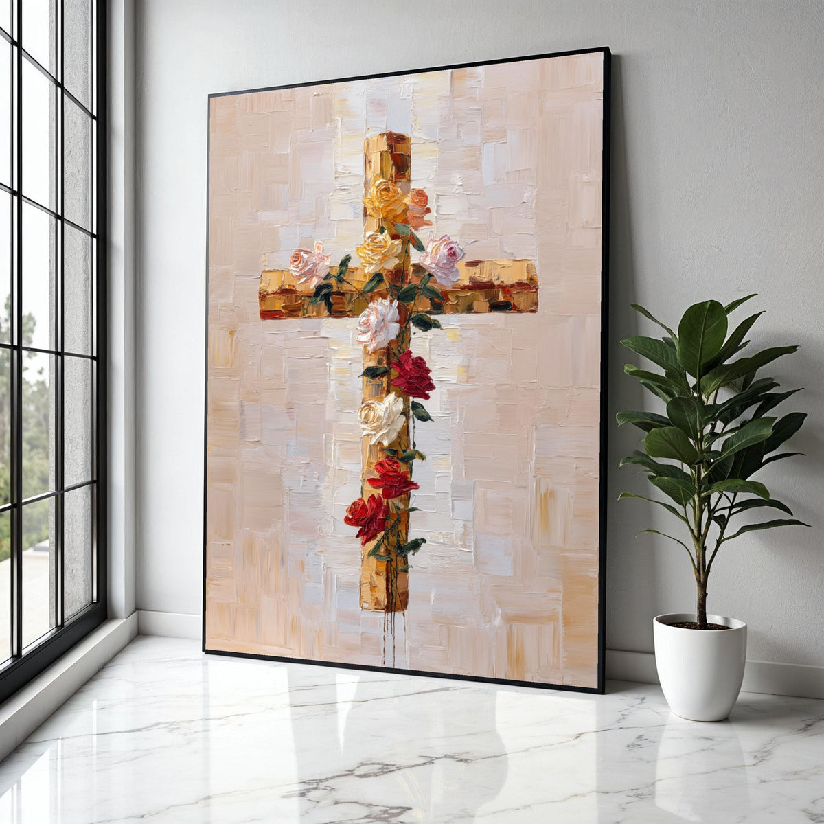 Floral Cross Canvas Wall Art, Christian Spiritual Decor, Rose Bouquet Painting, Religious Canvas Art, Modern Gift Art, Home Decor, Print