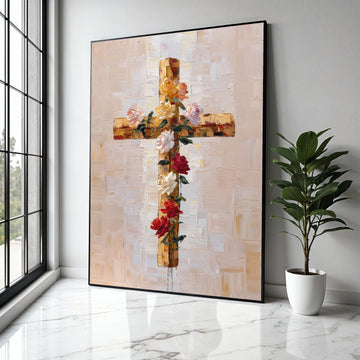 Floral Cross Canvas Wall Art, Christian Spiritual Decor, Rose Bouquet Painting, Religious Canvas Art, Modern Gift Art, Home Decor, Print