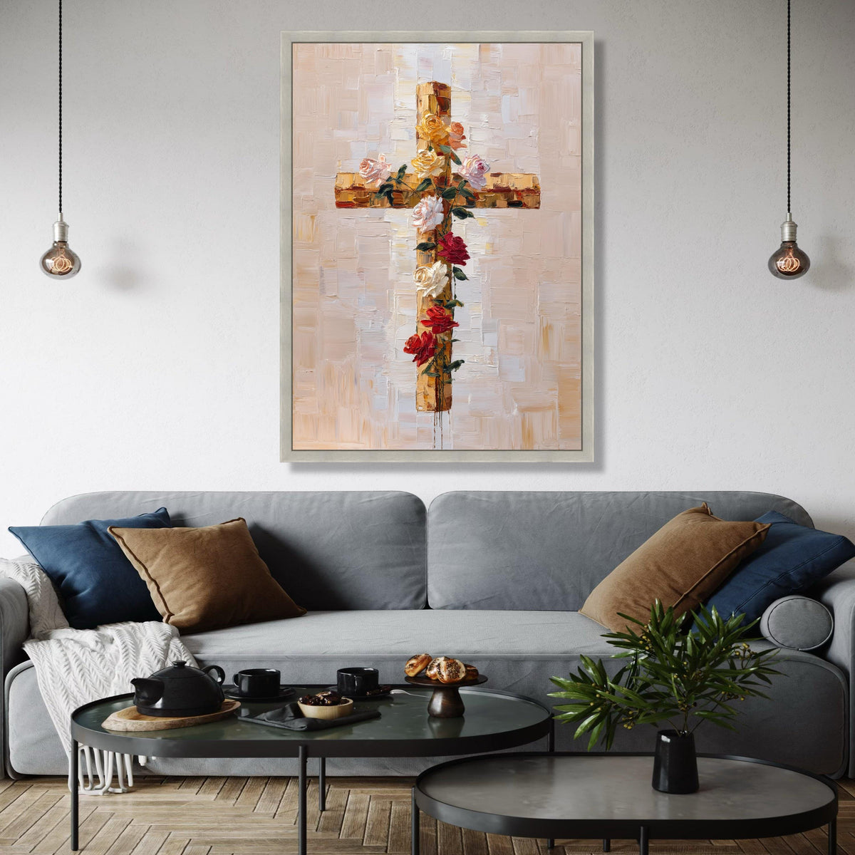 Floral Cross Canvas Wall Art, Christian Spiritual Decor, Rose Bouquet Painting, Religious Canvas Art, Modern Gift Art, Home Decor, Print