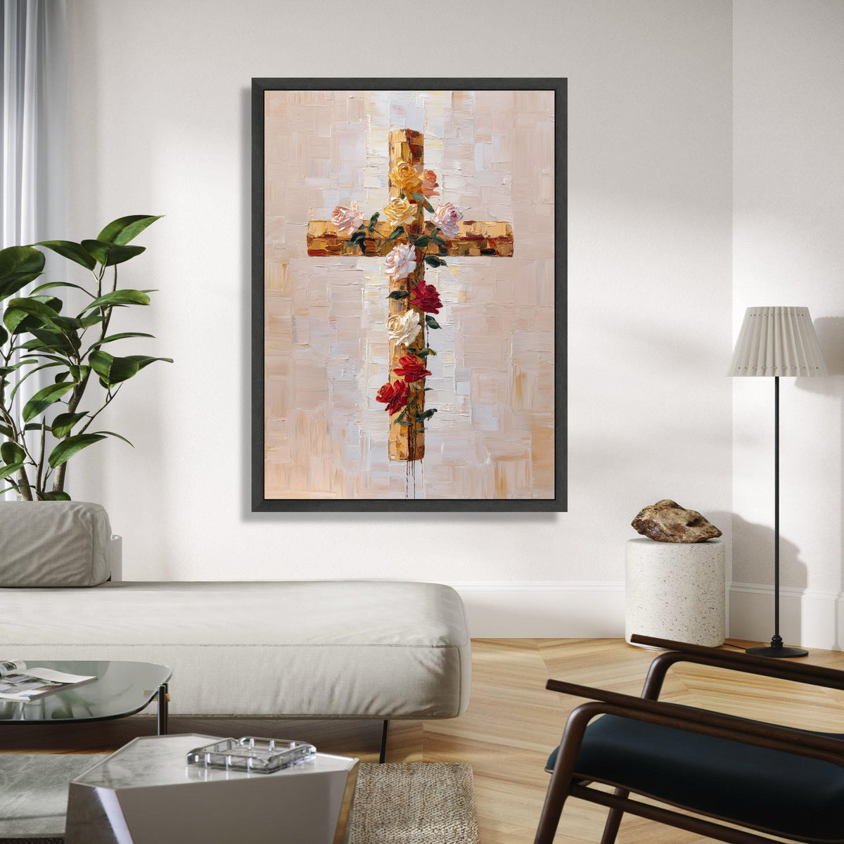 Floral Cross Canvas Wall Art, Christian Spiritual Decor, Rose Bouquet Painting, Religious Canvas Art, Modern Gift Art, Home Decor, Print