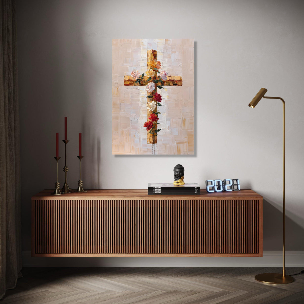 Floral Cross Canvas Wall Art, Christian Spiritual Decor, Rose Bouquet Painting, Religious Canvas Art, Modern Gift Art, Home Decor, Print