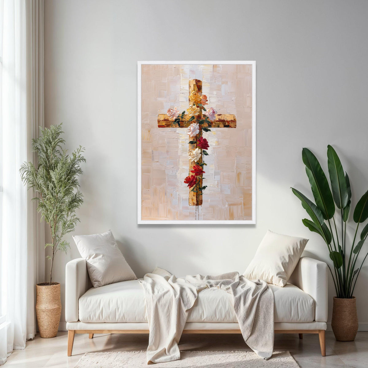 Floral Cross Canvas Wall Art, Christian Spiritual Decor, Rose Bouquet Painting, Religious Canvas Art, Modern Gift Art, Home Decor, Print