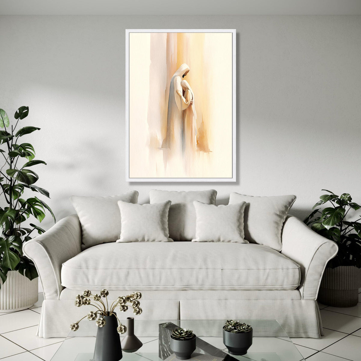 Serene Embrace Canvas Wall Art, Spiritual Christian Painting, Soft Watercolor Religious Decor, Inspirational Gift Art, Home Decor, Print