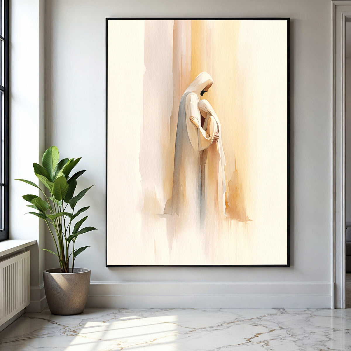 Serene Embrace Canvas Wall Art, Spiritual Christian Painting, Soft Watercolor Religious Decor, Inspirational Gift Art, Home Decor, Print