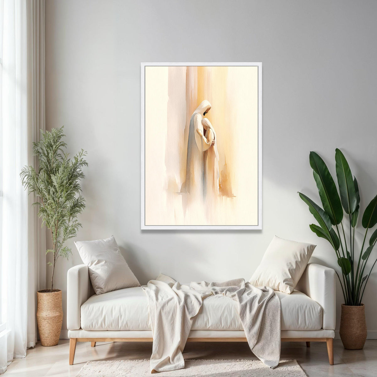 Serene Embrace Canvas Wall Art, Spiritual Christian Painting, Soft Watercolor Religious Decor, Inspirational Gift Art, Home Decor, Print