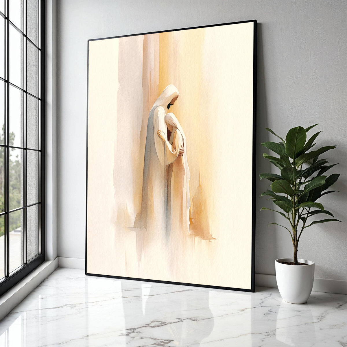 Serene Embrace Canvas Wall Art, Spiritual Christian Painting, Soft Watercolor Religious Decor, Inspirational Gift Art, Home Decor, Print