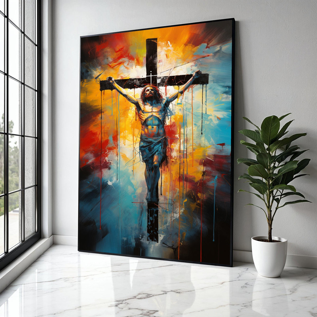 Modern Jesus Crucifixion Canvas Wall Art, Abstract Religious Painting, Spiritual Christian Decor, Colorful Cross Gift Art, Home Decor, Print