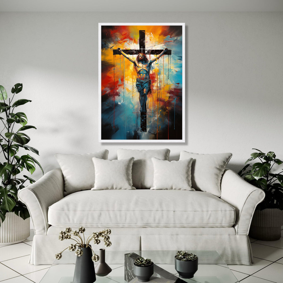 Modern Jesus Crucifixion Canvas Wall Art, Abstract Religious Painting, Spiritual Christian Decor, Colorful Cross Gift Art, Home Decor, Print